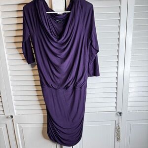 THEORY LARGE PURPLE BODYCON DRESS DRAPEY NECK RUCHED VISCOSE SEXY DATE NIGHT